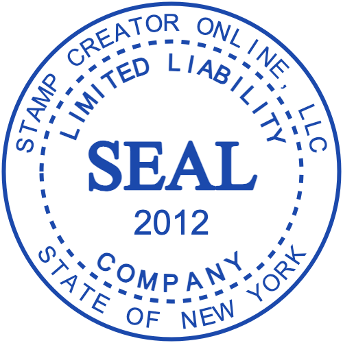 Blue New York LLC company seal with two circular borders, curved wording and a central year