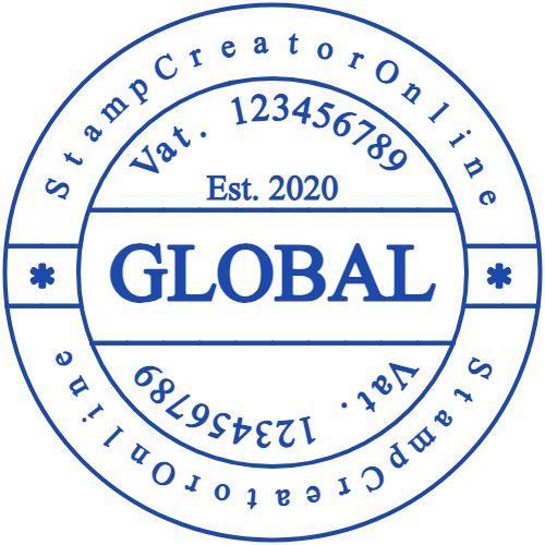 Round blue global business seal with VAT numbers, an established year and small star dividers