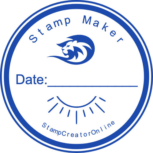 Blue round company seal with a lion emblem, a blank date line and a decorative lower flourish