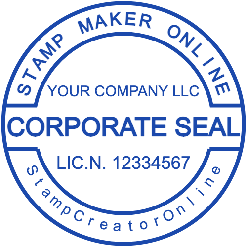 Blue LLC corporate seal with a license-number line, curved outer text and a patterned circular frame