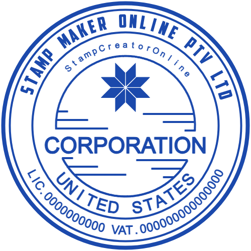 Round US corporation seal with a central star, stepped line accents and curved license and VAT fields