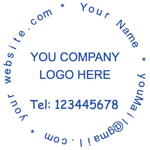 Company contact seal with logo, phone, email and website fields