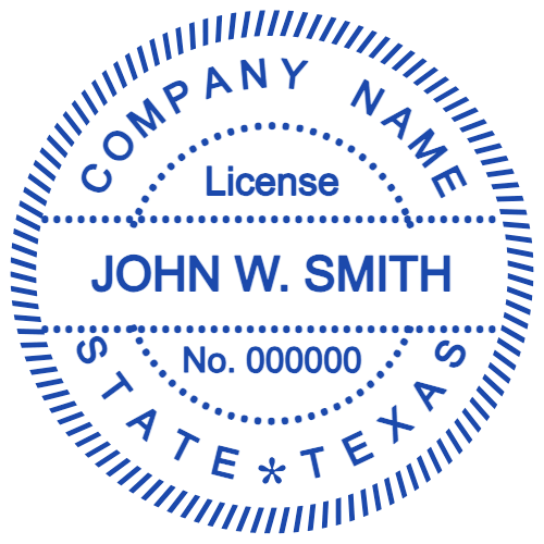 Texas named license seal with individual and company information