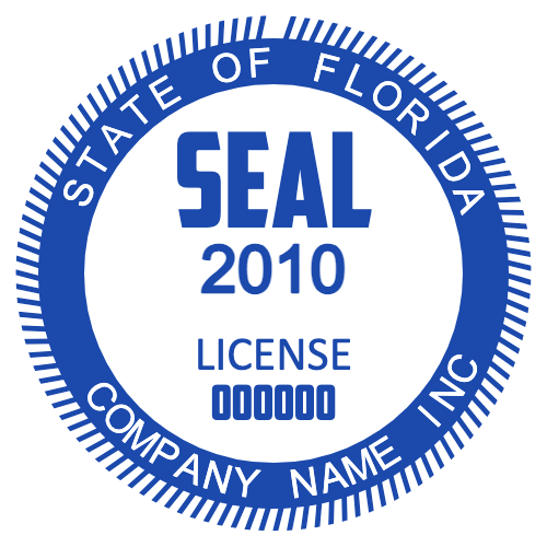 Large Florida corporate seal with thick border, license and year details