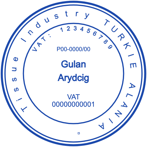 Blue Turkey tissue-industry stamp with encircling VAT and company details