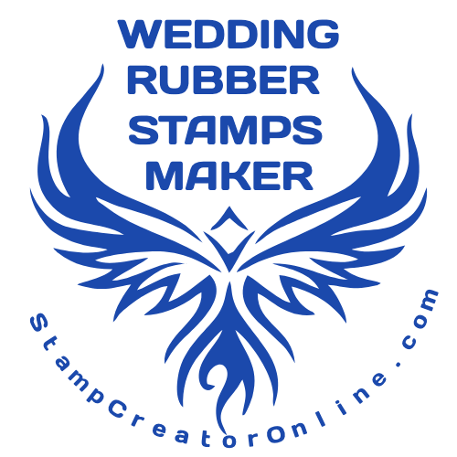 Decorative wedding stamp with a central emblem and surrounding rubber-stamp lettering