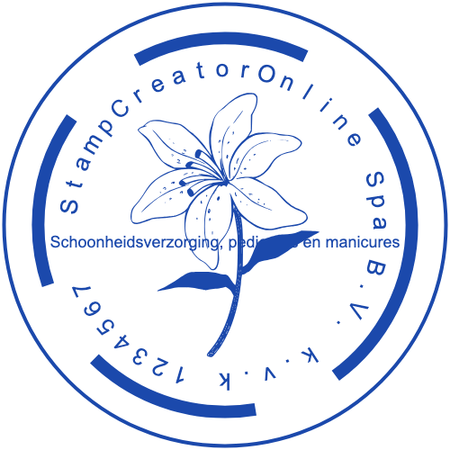 Round salon stamp with a beauty logo, service description and registration number