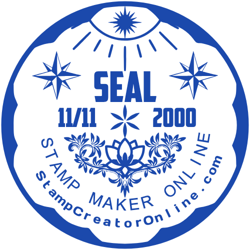 Round company stamp with a decorative emblem, year and short date