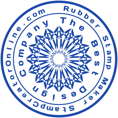 Design-company stamp with three circular rings and a distinctive center image