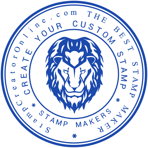 Round stamp-maker emblem with star accents and a circular custom-stamp message
