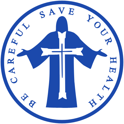 Round health-awareness stamp with an emblem and a surrounding health message