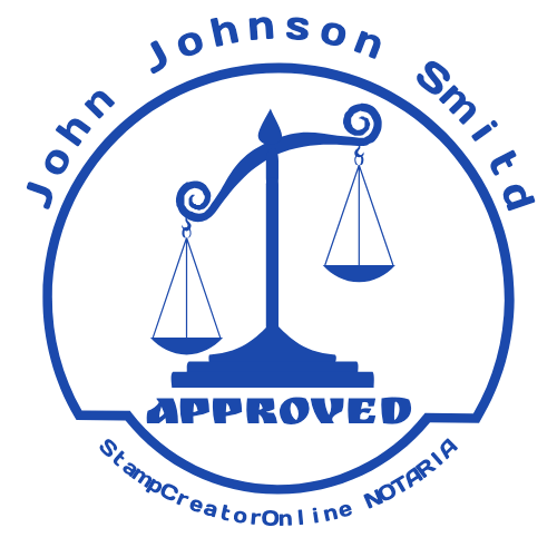 Notarial-services stamp with a prominent emblem, APPROVED label and name