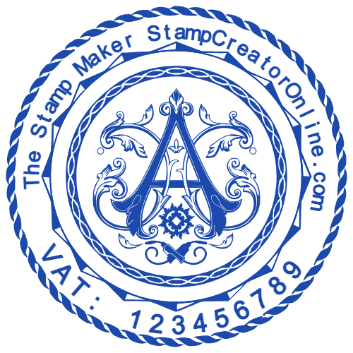 Round logo seal with a VAT-number field and business-name ring