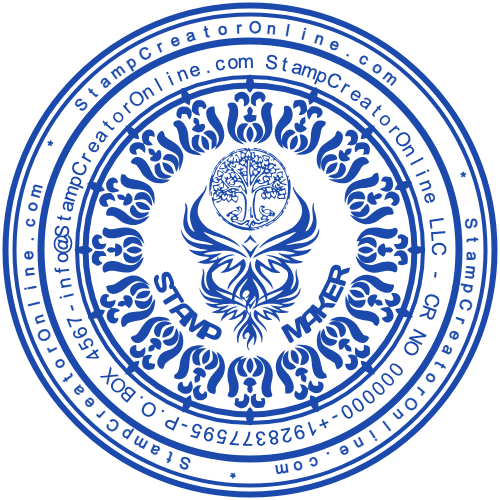 Detailed company stamp with a logo, registration, phone, mailbox and email ring