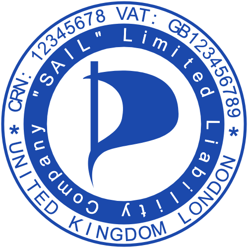 Blue company stamp with a sail emblem, London location and registration details