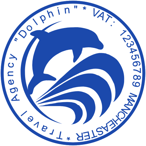 Blue travel-agency stamp with a dolphin emblem, city and VAT details