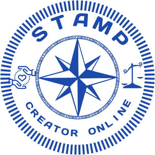 Round decorative brand stamp with two bold name lines and ornamental artwork