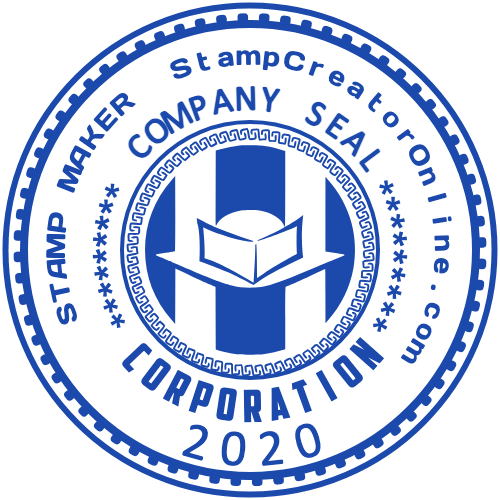 Corporate stamp with a center emblem, year and ornamental name ring