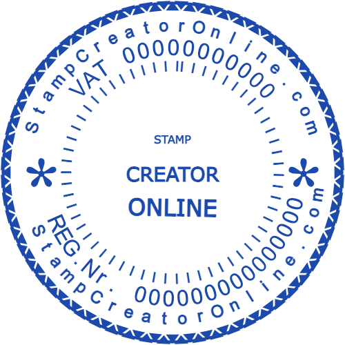 Round business stamp with registration, VAT and website fields