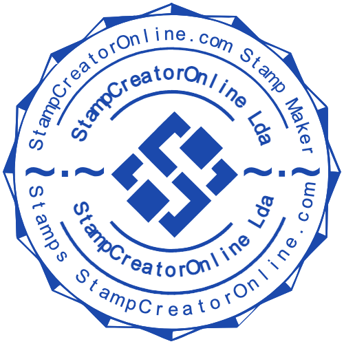 Decorative business stamp with layered name bands and curved website text