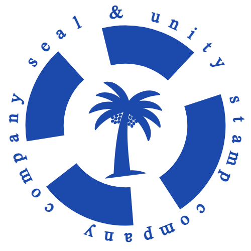Round hospitality stamp with a central logo and surrounding company wording