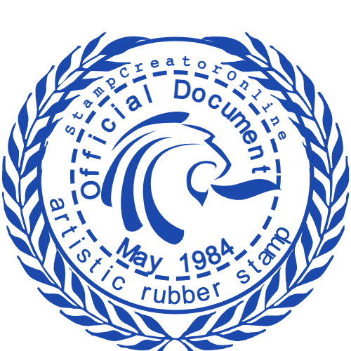 Artistic round document stamp with a company name, date and central illustration