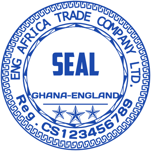 Trade-company seal with Ghana–England wording and a registration-number field